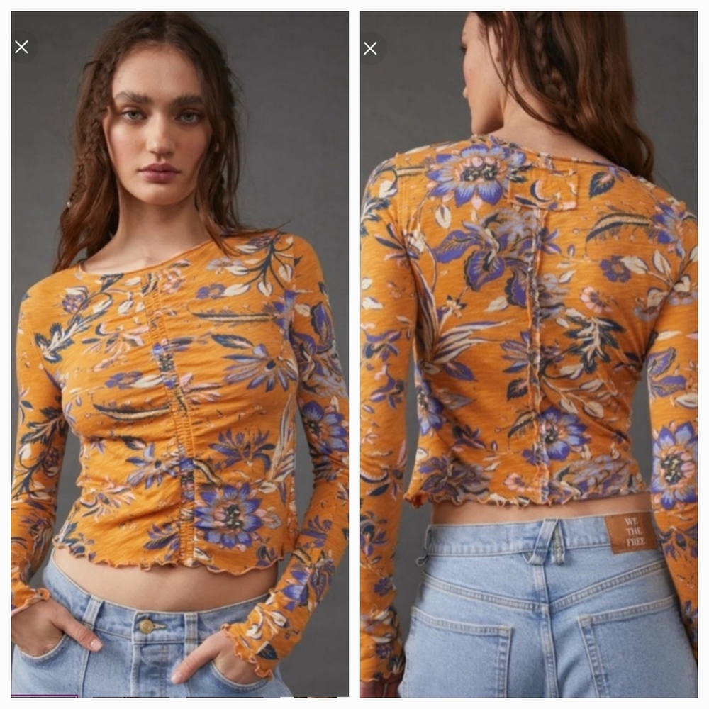 NWOT Free People Floral Top Ruched  Honey/Blue Long Sleeve Tee